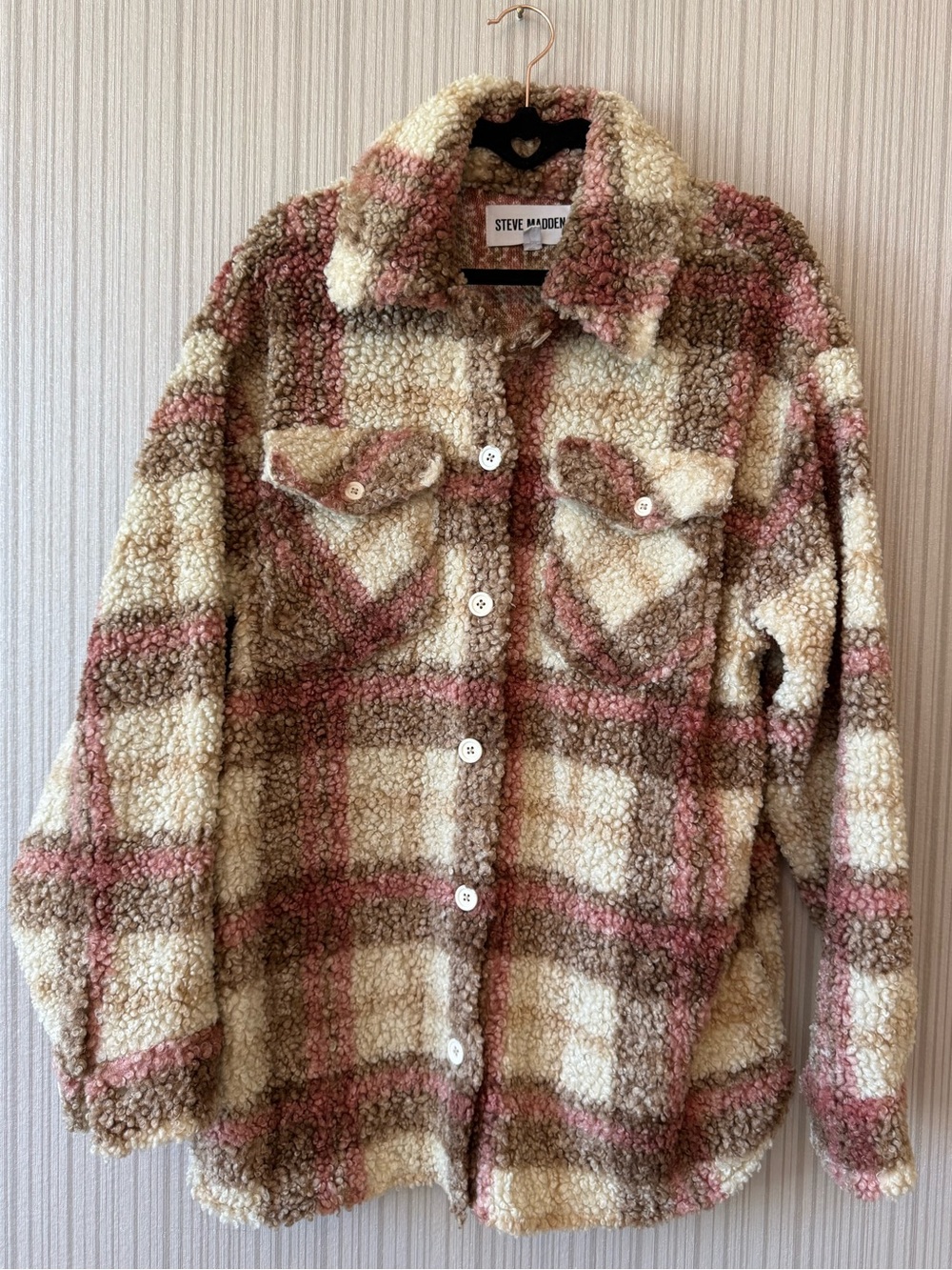 NWOT Steve Madden Cream, Pink & Brown Plaid Sherpa Jacket